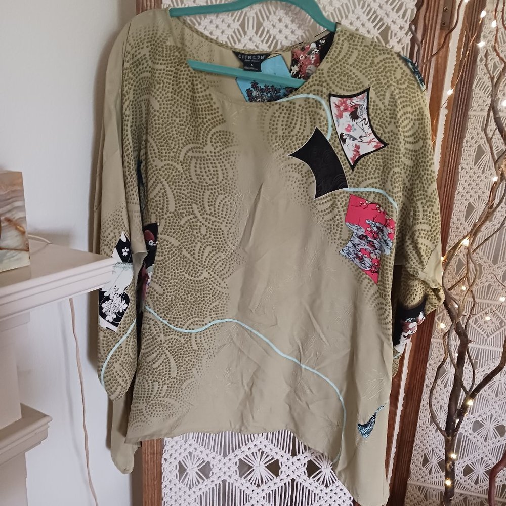 WOMENS CITRON SILK BLOUSE TOP TUNIC SIZE LARGE GREEN PRINT